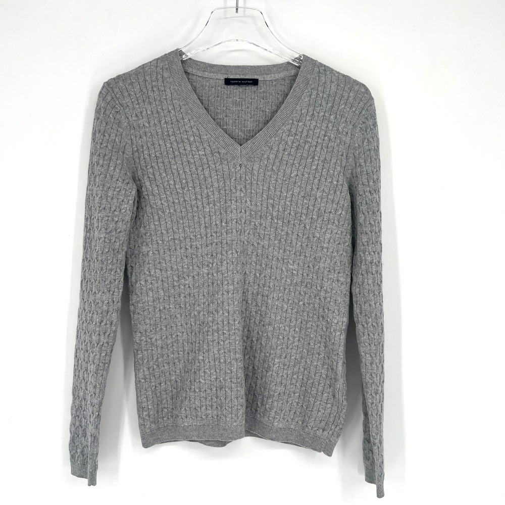 Tommy Hilfiger Sweater Womens S Gray V Neck Cable Knit‎ Preppy Lighteweight